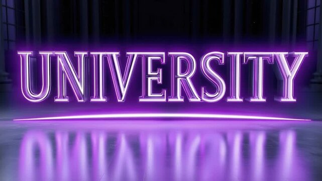 Bold, glowing purple lettering spells out UNIVERSITY against a dark, futuristic background, reflecting vibrantly on a polished surface. ..Created with Generative AI, not depicting real subjects.