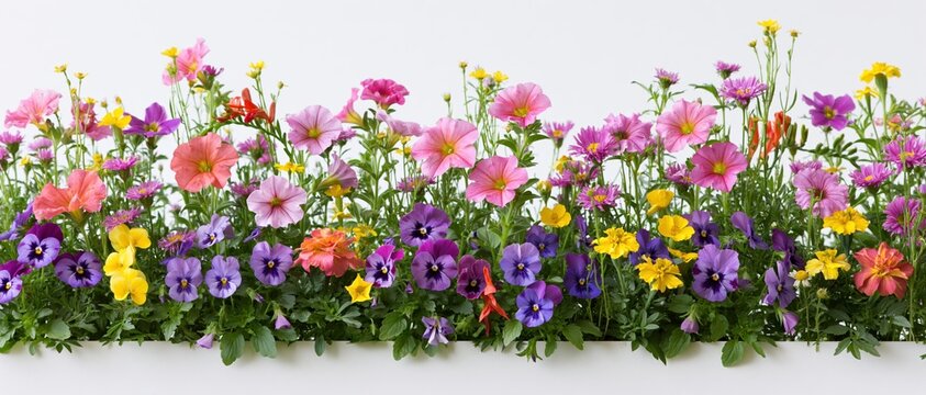 A dense horizontal row of mixed garden flowers including petunias, pansies, and marigolds arranged in a border against a white background