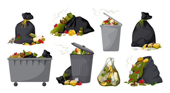 Trash bag. Food garbage, fly and smelly rubbish bin, dustbin. Stinky and dirty rotten dumpster. Trash can with compost pile, waste containers with food scraps and litter. Vector cartoon set