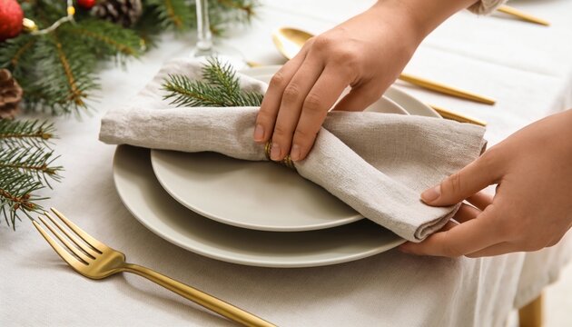 Woman decorating a festive dinner table with linen napkin and pine branch, preparing elegant place setting for Christmas holiday celebration