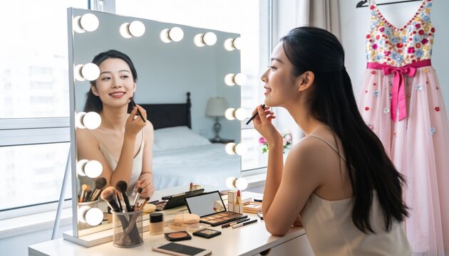 Young Asian woman smiling and applying makeup with brush in front of illuminated vanity mirror in bedroom, preparing for evening party or special occasion.