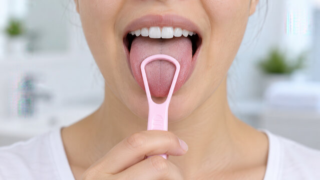 Tongue scraper removing coating from extended tongue, oral hygiene routine, fresh breath care, halitosis prevention, morning mouth cleaning