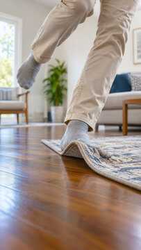 Person tripping over loose electrical cable on wooden floor in living room hazard concept