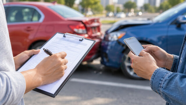 Car insurance claim paperwork with smartphone after rear end crash, drivers recording collision damage, mobile accident reporting, roadside assessment