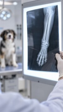 Veterinary clinician reviewing foreleg radiograph with dog nearby, canine bone health screening, orthopedic injury assessment, pet care clinic