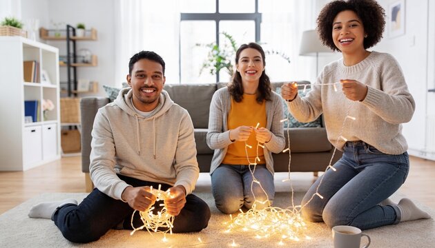 Happy multiracial group of young adult friends holding fairy lights on the living room floor, preparing festive indoor decorations together for the holiday season.