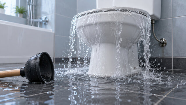 Bathroom flooding from overflowing clogged toilet beside plunger, home plumbing failure, blocked drain cleanup, water damage prevention