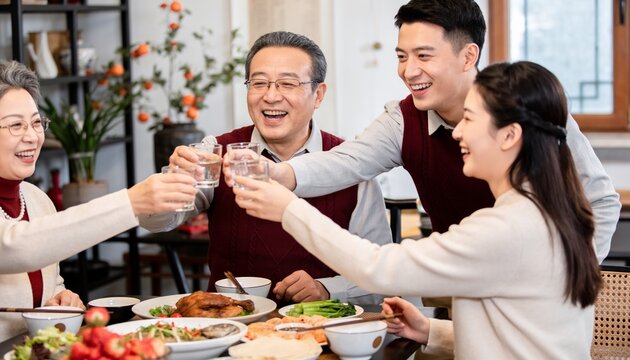Happy Asian multi-generation family toasting glasses during Chinese New Year reunion dinner at home, celebrating traditional spring festival with togetherness