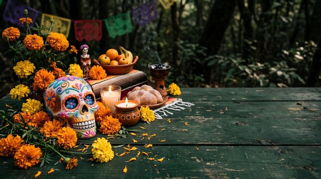 A vibrant and colorful d a de los muertos altar adorned with marigolds candles and offerings honors and remembers loved ones who