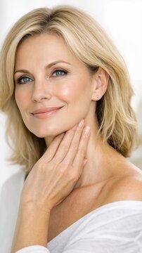 Portrait of a Smiling Mature Woman with Blonde Hair and Radiant Skin