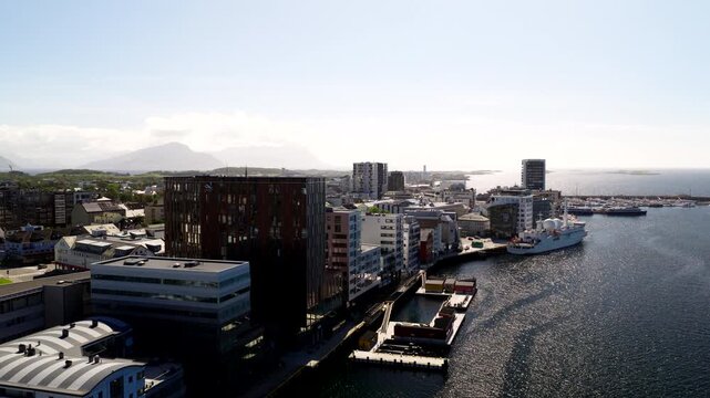 Urban revitalization project along Bod&oslash; waterfront promenade in harbor, aerial