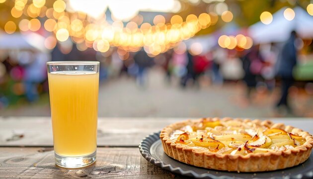 Apfelkuchen mit frischem Apfelsaft auf herbstlichem Markt
