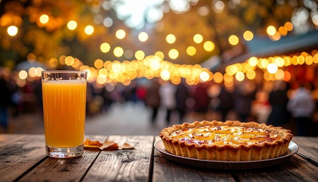Apfelkuchen mit Apfelsaft auf herbstlichem Markt mit Lichterketten