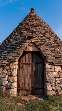 Charming Traditional Italian Trullo House Surrounded by Lush Olive Trees Under a Clear Blue Sky