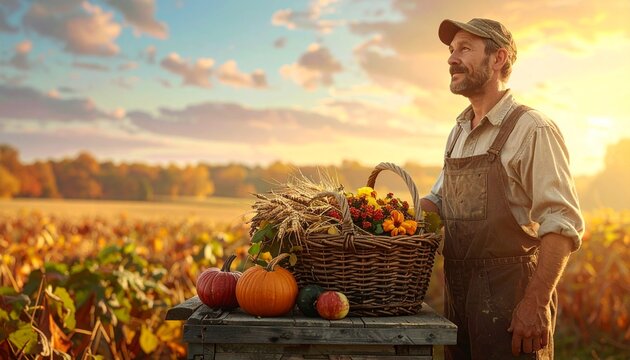 Landwirt mit Erntekorb voller Gem&uuml;se und K&uuml;rbissen auf herbstlichem Feld