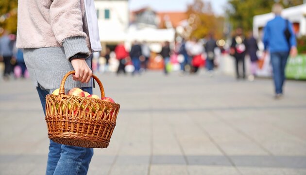 Frau mit Einkaufskorb auf herbstlichem Bauernmarkt mit Textfreiraum