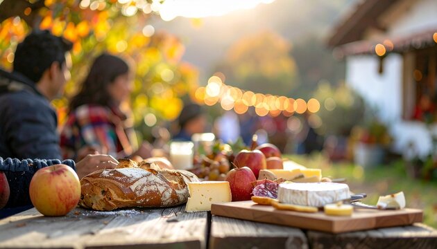 Herbstliche Brotzeit mit K&auml;se, Brot, &Auml;pfeln bei deutschem Dorffest