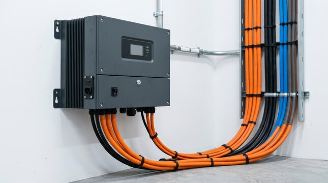 Modern Solar Power Inverter Unit Mounted on Wall with High Voltage Industrial Electrical Cables in Energy Facility