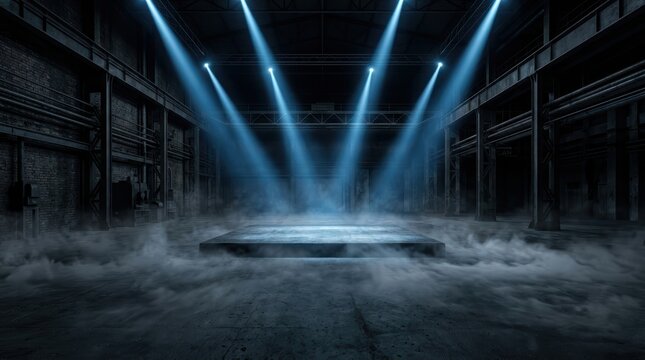 Empty stage in a dark industrial warehouse with blue spotlights and fog