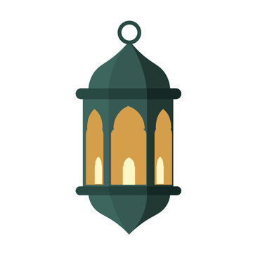 Glowing Islamic Ramadan lantern Fanous vector illustration with arched windows in green and gold color scheme