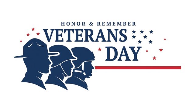 Veterans day honor and remember typographic design featuring side profile silhouettes of soldiers and decorative stars