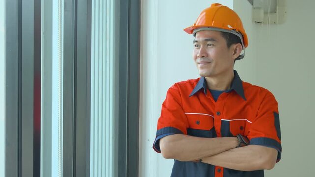 Portrait of a focused construction worker wearing a safety helmet and protective eye goggles