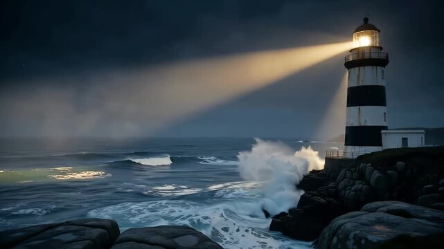 Sunlight beams through clouds illuminating a historic lighthouse on stormy rocky coastline