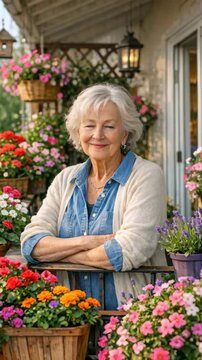 Smiling Senior Woman in a Knit Cardigan Standing in a Vibrant Flower Garden