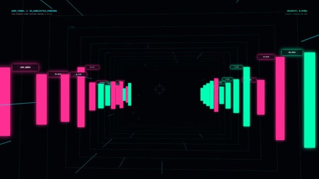 Futuristic 3D stock market candlestick chart tunnel with digital data labels and HUD interface elements, representing financial analysis, crypto trading, and spatial digital economy visualization.