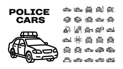 Police Car Icons and Vector: A comprehensive collection of police car icons and graphic elements, showcasing various views and styles of patrol vehicles, perfect for design projects. © Abu