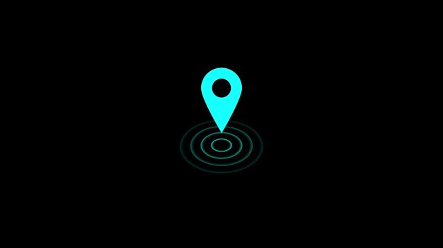 GPS location pointer animated with radio wave, location map pointer with pin icon and location animation  4k animation video on black  background with alpha channel.