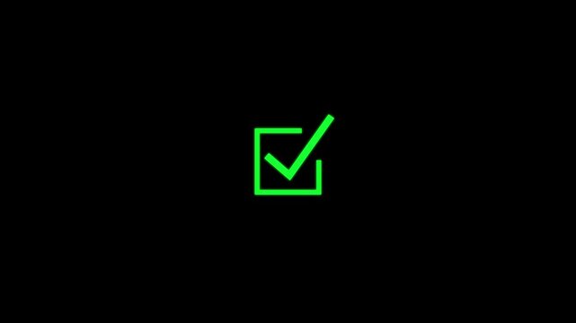 Animated green check mark icon. right check mark icon transparent . Check mark digital check box and status graphic on black background.