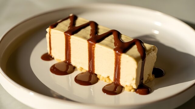 Creamy rectangular cheesecake slice topped with smooth dark chocolate sauce served on white ceramic plate
