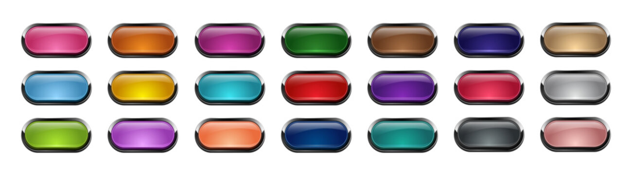 3D Glossy Glass UI Buttons Set with Metallic Chrome Borders and Vibrant Colors, Editable AI file