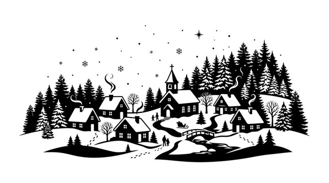 Vintage Christmas village landscape vector, black and white winter town scene with snowy houses and pine forest, rustic holiday woodcut illustration