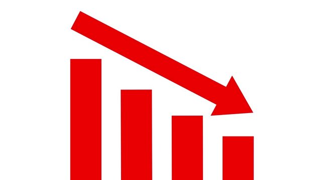 Bold red downward arrow crossing in flat animation showing stock market trend, business down and decline, finance investment on white background