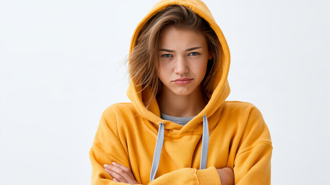 Teenage girl in a yellow hoodie with crossed arms and moody expression looking at the camera.