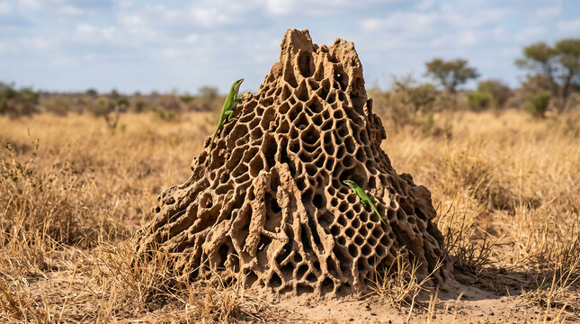 Intricate termite mound structure standing tall in dry savanna grassland habitat
