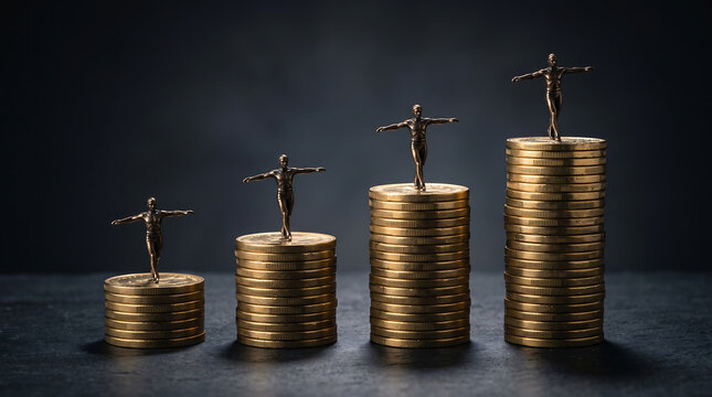 Small figurines balancing on increasing stacks of gold coins representing growth and success