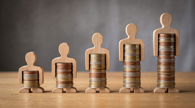 Wooden figures holding increasing stacks of coins representing financial growth and success