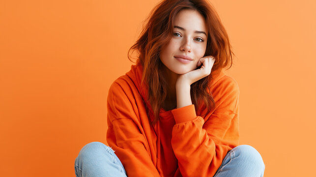 Young woman with reddish-brown hair and orange hoodie sitting cross-legged against bright orange background.