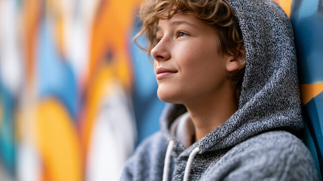 Profile portrait of a young teenage boy in a hooded sweatshirt leaning against a colorful wall.