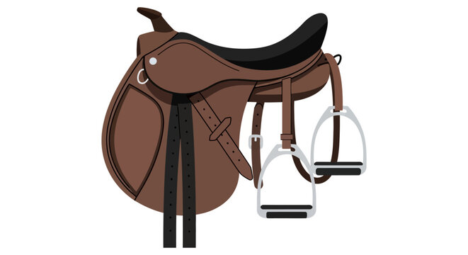 Horse saddle with stirrups is depicted in a flat vector illustration