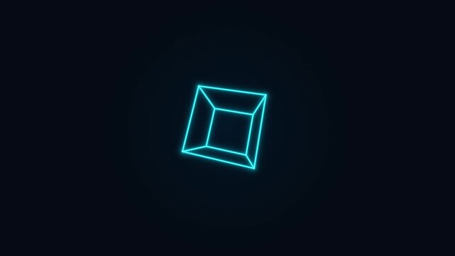 Rotating Neon Cyan Wireframe Geometric Cube Animation on Dark Background.