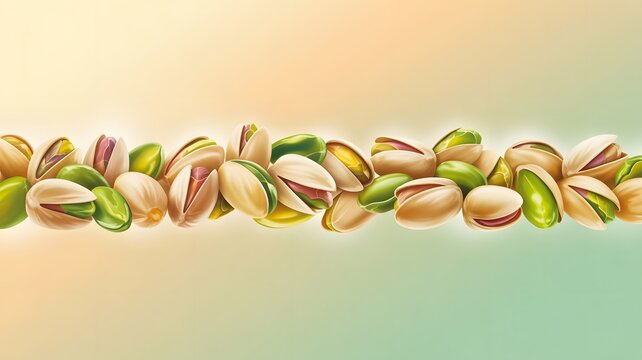 Fresh roasted pistachio nuts arranged in horizontal line isolated on a soft light gradient background display