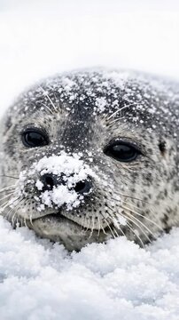 Close-up of a Harbor Seal with Snow on its Nose in Winter