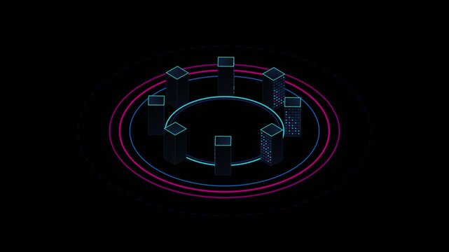 Isometric Cyber Server Infrastructure Neon Data Center Loop