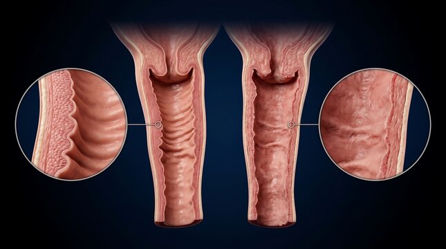 Comparison of healthy and atrophic vaginal walls showing distinct rugae and smoother textures in detailed anatomical diagrams.