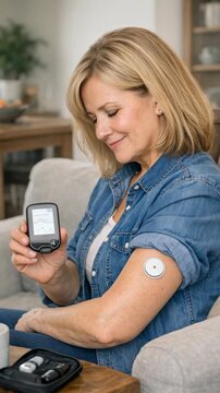Woman Monitoring Blood Sugar with a Continuous Glucose Monitor