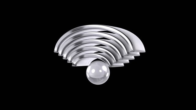 Abstract Isolated White Silver Chrome Glass Signal Shell 3D Shape with Floating Sphere on Black Background &ndash; Seamless 4K Loop PBR Animation Video